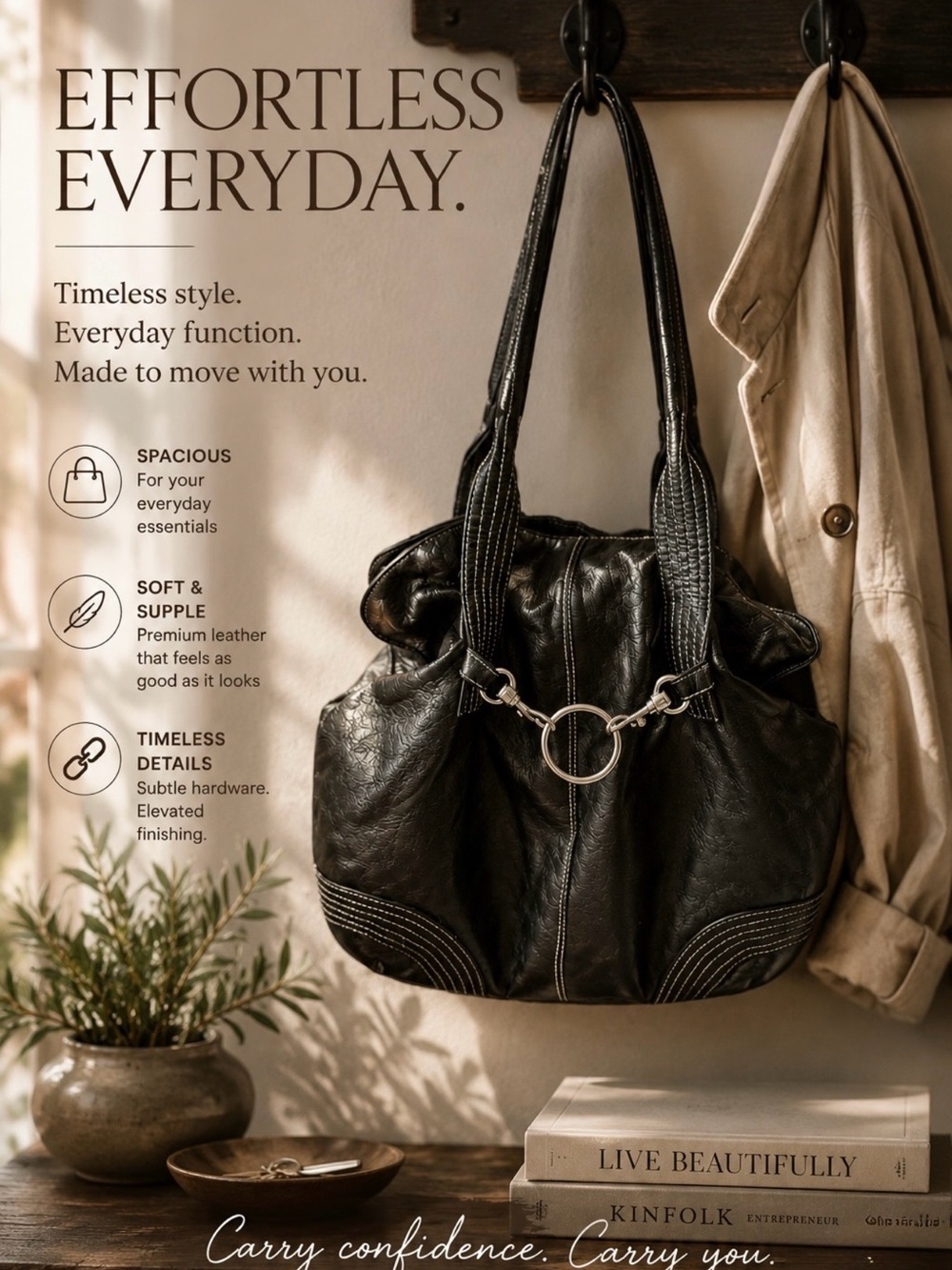 Morgan Oakley “Ditch” Black Lambskin Leather Shoulder Handbag | Silver Hardware